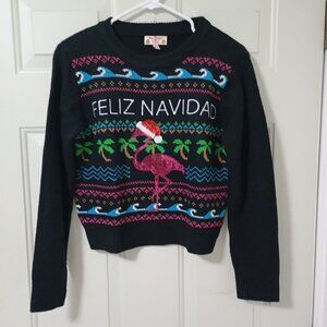 Merry Christmas Poof Feliz Navidad Flamingo Sweater S Black